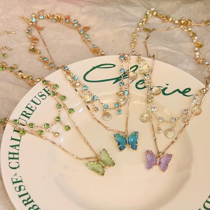 Necklace Bohemian Beach Jewelry Layered Chain Summer Accessories, Crystal Butterfly Necklace Y2K Fashion Jewelry Double Layered Trendy