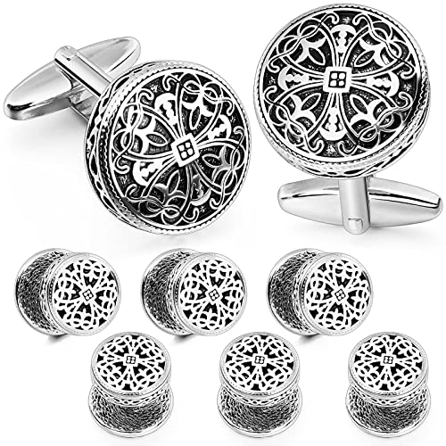 HAWSON Cufflinks and Studs for Men-Fashion Men Vintage Enamel Carbon Fiber Tuxedo Shirt Cufflinks and Studs Set for Regular Wedding Business Accessories - color: antique silver cufflinks and studs set