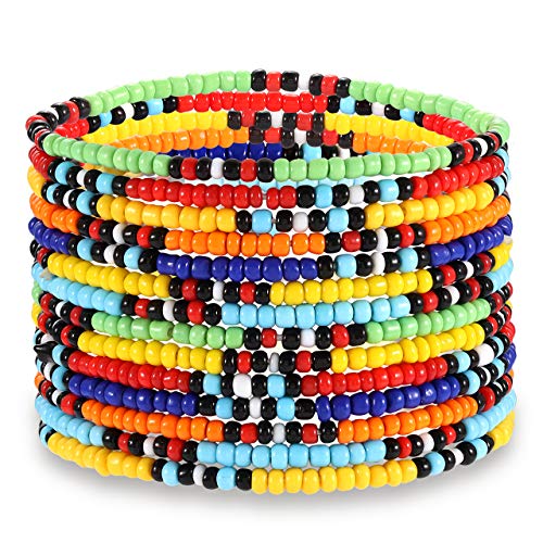 HEIDKRUEGER Bead Stretch Bracelets Independence Colorful Tiny Beaded Stackable Vsco Bracelets Boho Summer Vacation Adjustable Bangle Bracelet for Women Girls 14Pcs - color: multi-color