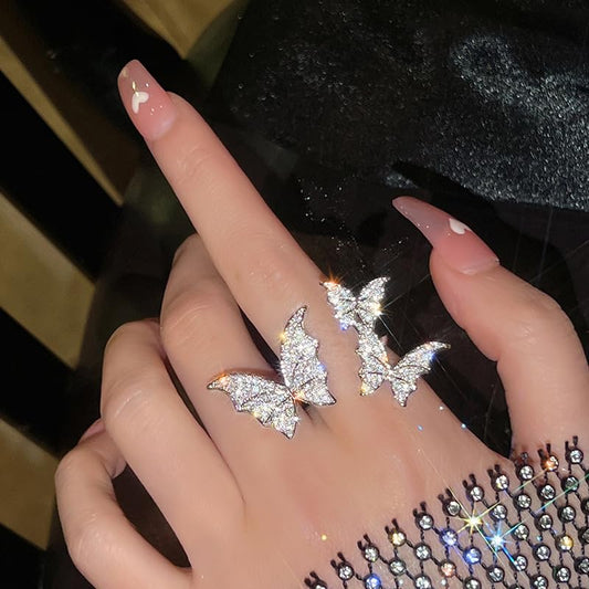 Butterfly Rings for Women Dainty Cubic Zirconia Open Butterfly Finger Ring Adjustable Rhinestone Double Butterfly CZ Crystal Adjustable Cuff Animal Statement Rings Delicate Jewelry for Party