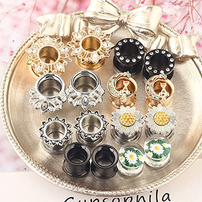 Suotarn 8 Pairs Ear Gauges For Women Black Internally Flare Earrings Plugs Gauges For Ear Stainless Steel Plug Tunnel Piercing Stretcher Kit 00g 0g-5/8'' inch - color: 16mm=5/8''