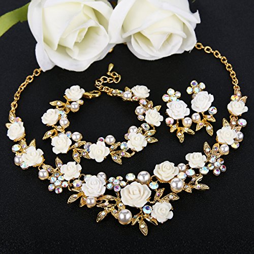 EVER FAITH Costume Jewelry Crystal Simulated Pearl Rose Flower Leaf Prom Party Statement Necklace Earrings Bracelet Set for Women - color: Iridescent Clear AB Gold-Tone