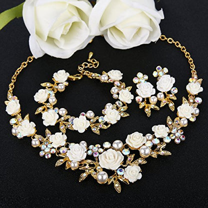 EVER FAITH Costume Jewelry Crystal Simulated Pearl Rose Flower Leaf Prom Party Statement Necklace Earrings Bracelet Set for Women - color: Iridescent Clear AB Gold-Tone