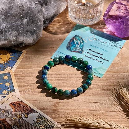 Bivei 8mm Beaded Bracelets for Women Handmade Semi Precious Natural Stone Stretch Elastic Jewelry Yoga Protection Gifts - color: Chrysocolla-Gentle Expression, size: Medium 6.8-7.3 inch