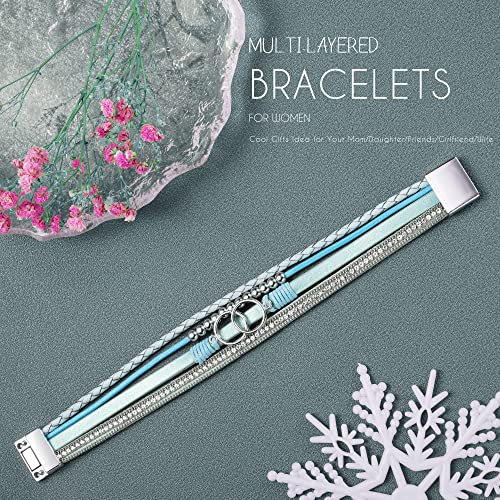 Bracelets for Women, Gifts for Mom Her Christmas Gift 2026 Leather Bracelets for Women Birthday Gift for Daughter Inspirational Wrap Bracelet Sister Friend Teen Girl Gift Layered Stocking Stuffers Jewelry - style: Teal