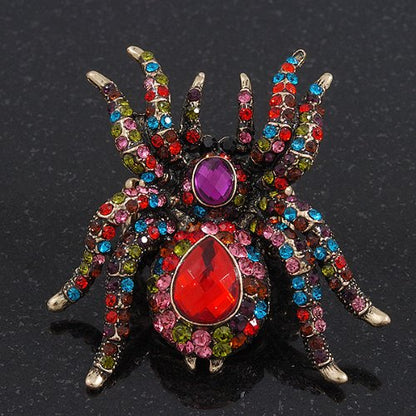 Avalaya Oversized Multicoloured Diamante Spider Stretch Cocktail Ring In Antique Gold Plating