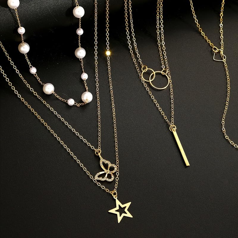11 Pcs Gold Tone Layered Necklace Set, Dainty Pearl Chain, CZ Butterfly, Heart, Moon Star & Vertical Bar Pendant, Minimalist Trendy Jewelry for Women (Gold)