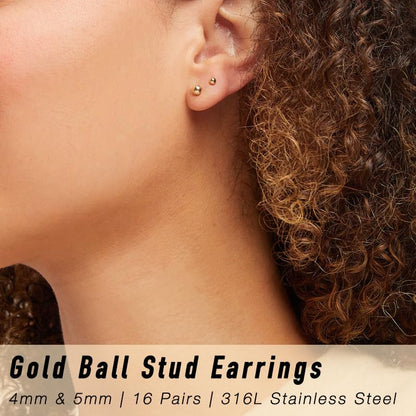 15 Pairs Surgical Steel Ball Stud Earrings Set | Fadeless, PVD Plating, Stainless Steel, Fadeless, Waterproof, High Polish, Hypoallergenic - color: Gold 16Pairs (4mm 5mm )