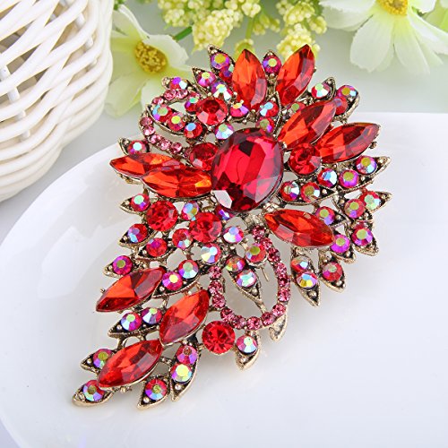 EVER FAITH Women's Austrian Crystal Wedding Flower Leaf Bouquet Brooch - color: Red