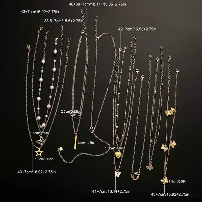 11 Pcs Gold Tone Layered Necklace Set, Dainty Pearl Chain, CZ Butterfly, Heart, Moon Star & Vertical Bar Pendant, Minimalist Trendy Jewelry for Women (Gold)