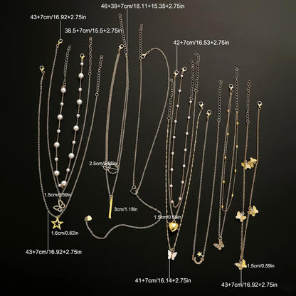 11 Pcs Gold Tone Layered Necklace Set, Dainty Pearl Chain, CZ Butterfly, Heart, Moon Star & Vertical Bar Pendant, Minimalist Trendy Jewelry for Women (Gold)