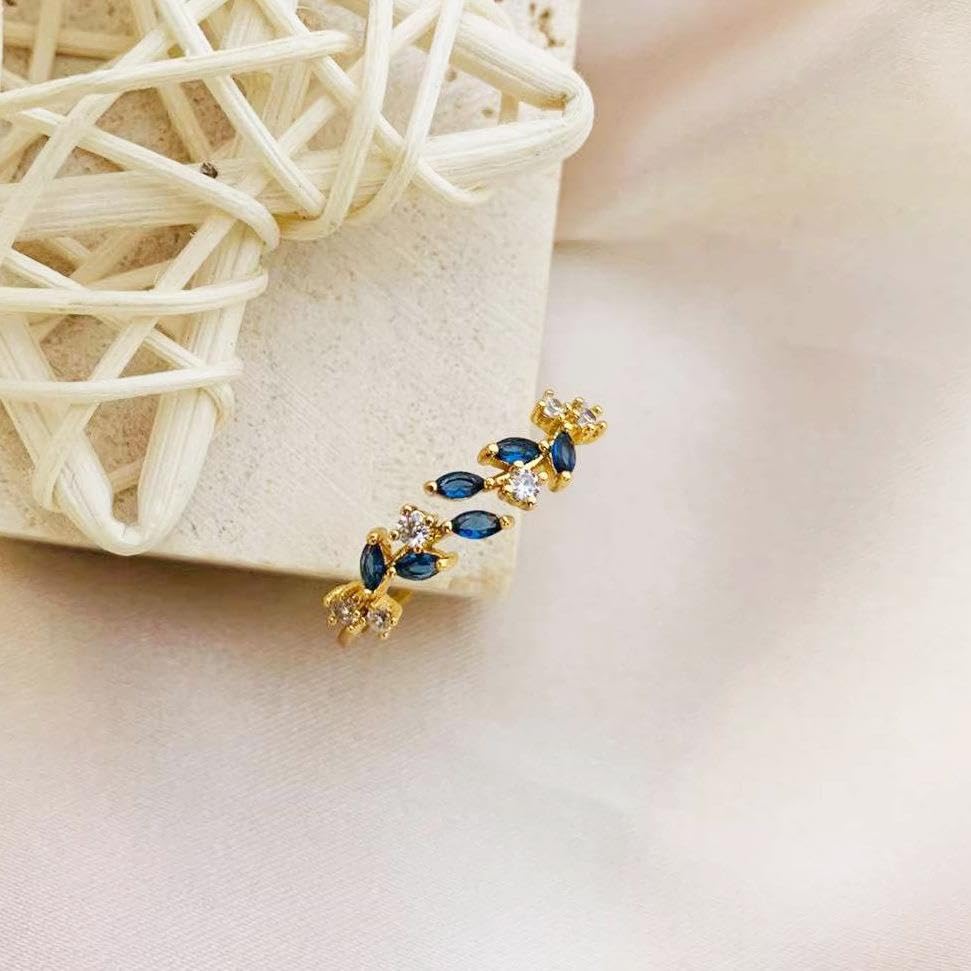 Gold Rings Non Tarnish Silver Adjustable Rings for Women Cubic Zirconia Leaf Ring Dainty Silver Stackable Ring for Women - style: blue