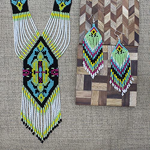 Handmade Beaded Indian Necklace,Inspired by Native American Style Long Necklace Earrings Set,One of a Kind beaded Necklace for Women,Perfect for Occasions, Gifts - color: White & Green