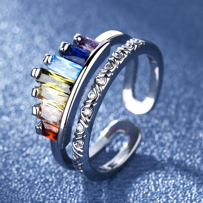 MALOYANVE Rhinestone Crown Open Ring for Women, Colorful Crystal Cubic Zirconia, Rainbow, Adjustable, Elegant Princess Queen Statement Promise Wedding Jewelry - color: Silver