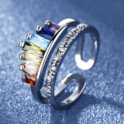 MALOYANVE Rhinestone Crown Open Ring for Women, Colorful Crystal Cubic Zirconia, Rainbow, Adjustable, Elegant Princess Queen Statement Promise Wedding Jewelry - color: Silver