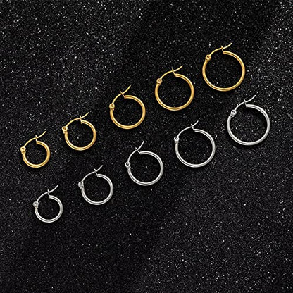 5-10 Pairs Small Gold Silver Hoop Earrings for Women, Stainless Steel Earrings Set Mens Lightweight Thin Hypoallergenic Small Hoops Set - style: 10pcs-Gold+Silver-2