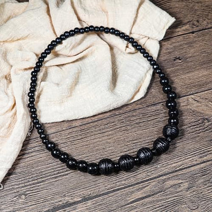 COLORFUL BLING Natural Chunky Wooden Beads Statement Necklace Boho African Tribal Collar Choker Bib Necklace Hippie Vacation Jewelry for Unisex Men Women - color: grooved black