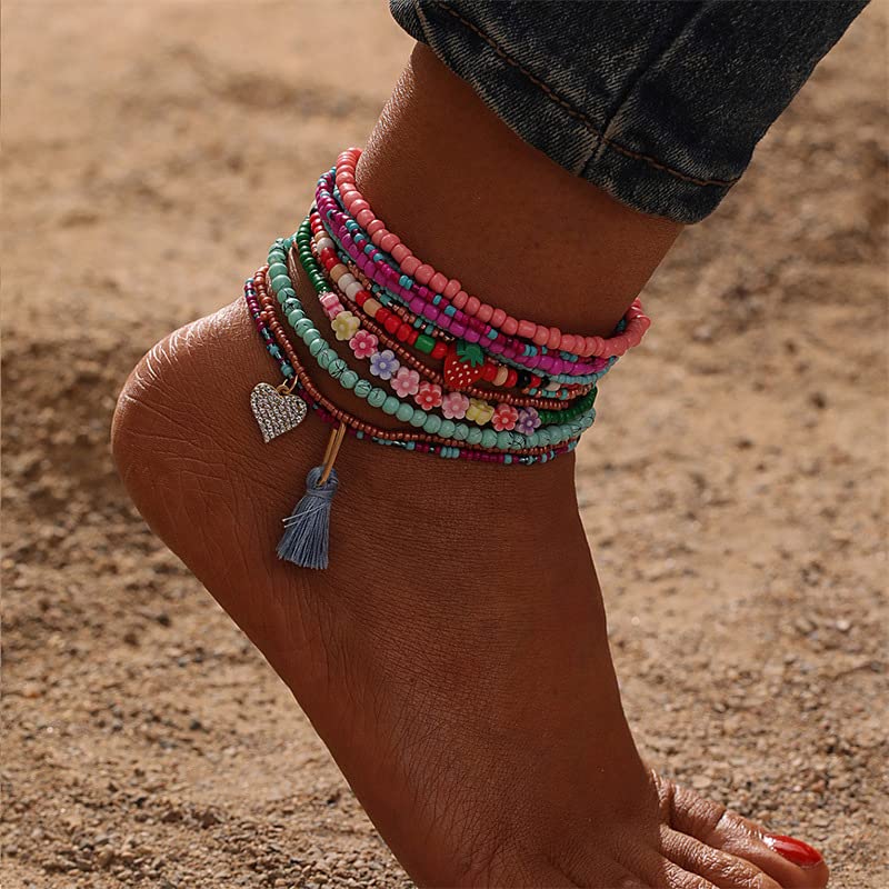 12 Pieces Colorful Elastic Beaded Anklets for Women Girls Handmade Beach Boho Colorful Beads Tassel Heart Flower Layered Anklets Set