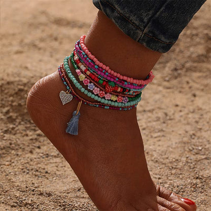 12 Pieces Colorful Elastic Beaded Anklets for Women Girls Handmade Beach Boho Colorful Beads Tassel Heart Flower Layered Anklets Set