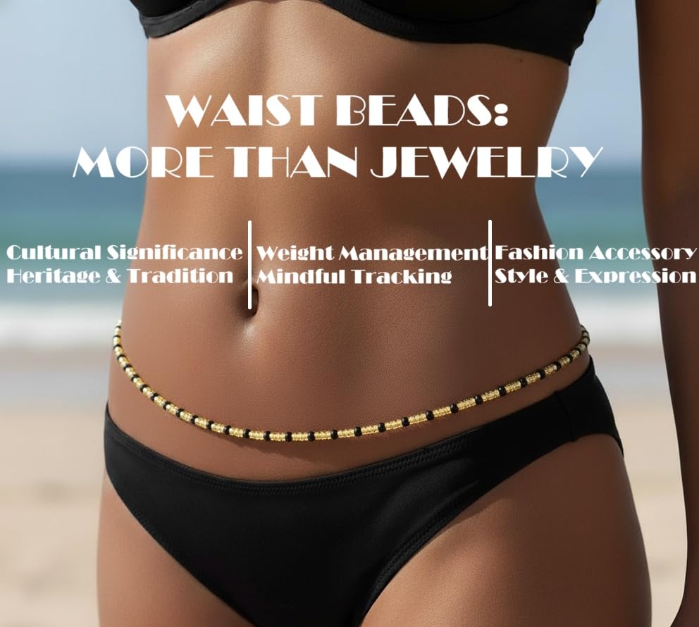 4 Pack Handmade Tie-On African Waist Beads for Women, Colorful Champagne Clear and Brown Glass Beads, 44 Inch, Non-Stretching, Layered Body Jewelry Set