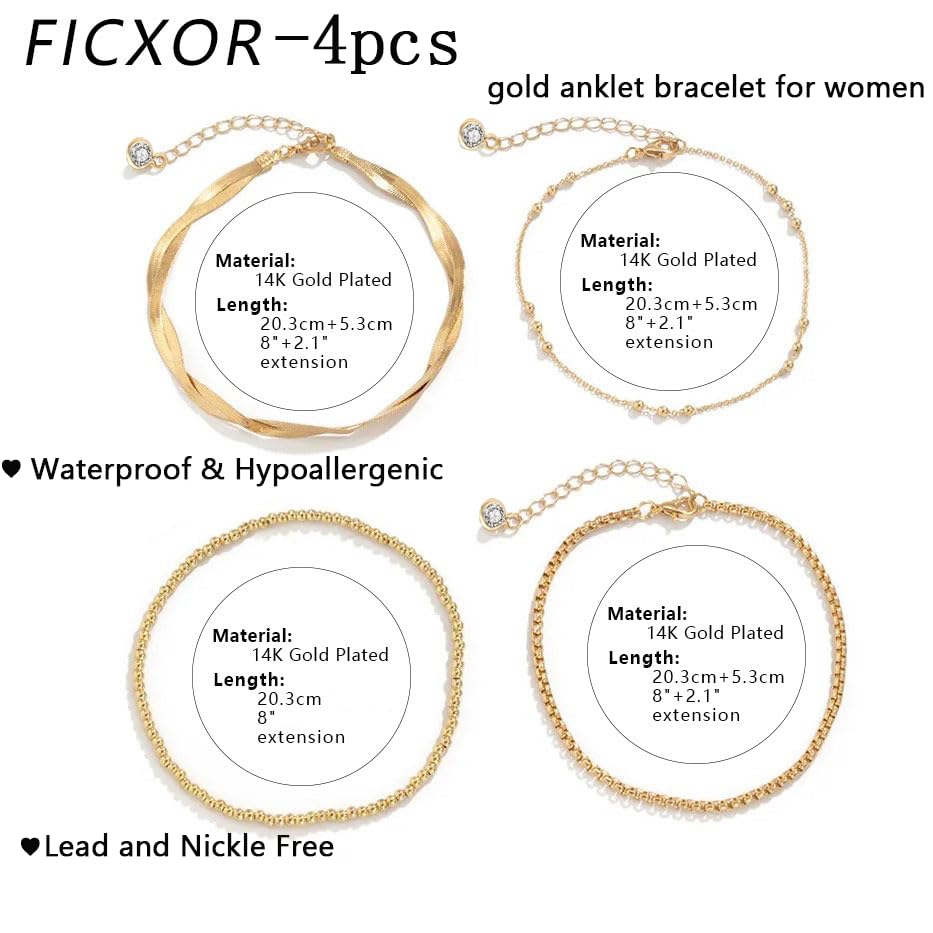 Gold Ankle Bracelets for Women,Dainty 14K Gold Plated Anklets for Women Waterproof Herringbone Beaded Satellite Anklets Set Layered Anklet Bracelets for Women Gold Jewelry Gift - color: Set 5