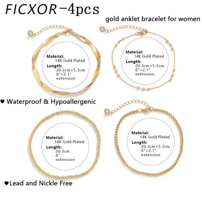 Gold Ankle Bracelets for Women,Dainty 14K Gold Plated Anklets for Women Waterproof Herringbone Beaded Satellite Anklets Set Layered Anklet Bracelets for Women Gold Jewelry Gift - color: Set 5