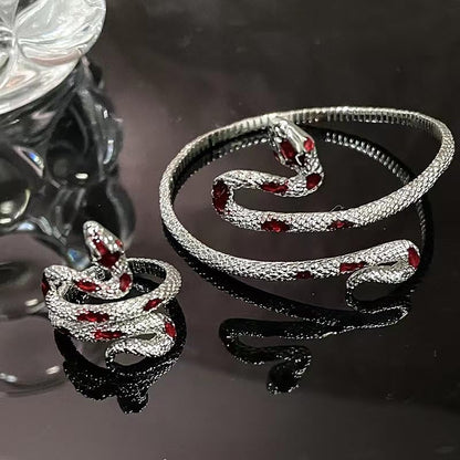 Gold/Silver Snakes Jewelry for Women Goth Snake Bracelet Ring Set Open Adjustable Snake Ring Halloween Prom Jewelry Costume Accessories Emo Accessories - color: Silver2