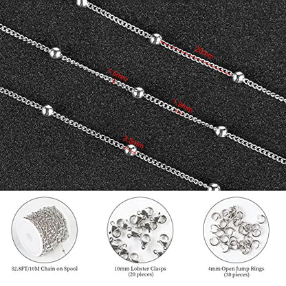 Silver Satellite Bead Chain 304 Stainless Steel Chain for Jewelry Making | 32.8 Feet/10M Women Necklace Chains Bulk Thin Curb Craft Chain DIY Jewelry Supplies - color: Bead Silver