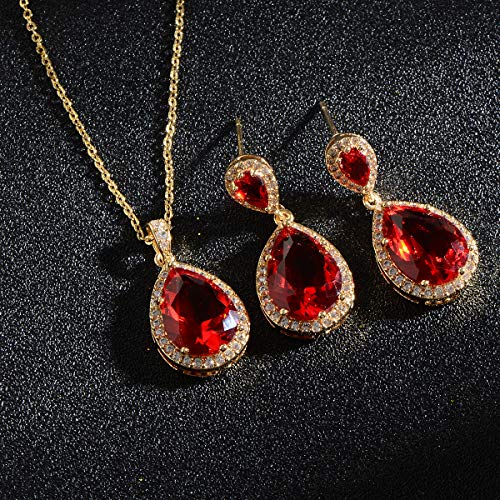 Bridal Jewelry Set for Wedding - 18k Plated Teardrop CZ Crystal Cubic Zirconia Rhinestone Necklace Earrings Set for Bride Bridesmaids Mother of Bride Party Prom Birthstone Costume Jewelry - color: Jul-Ruby