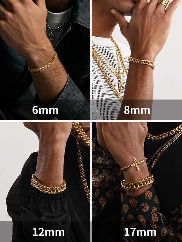 ChainsHouse Stainless Steel Cuban Link Bracelet, 6mm/8mm/12mm/17mm Width, 7.5"/8.3"/9", Black/ 18K Gold Plated Chain Wrist Bracelets for Men Women, Send Gift Box - color: O: Gold-17mm width