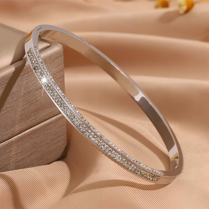 Silver Plated Stainless Steel Bangle Bracelet for Women Triple Row Cuff | Three Row Rhinestone Oval Jewelry with Clear Sparkling Crystals; Secure Adjustable Hinged Clasp Stacking Statement Gift
