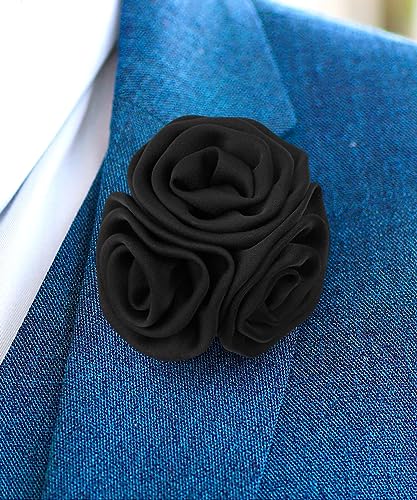 Premium Trio Cluster Flower Lapel Pin - Formal Boutonniere for Men, Flower Brooch Pin - color: Black