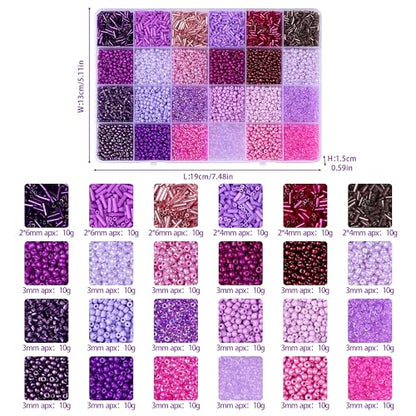 LAIDANLA 7500pcs Mix Purple Glass Seed Beads Kit for Jewelry Making with 3mm Tiny Bead and 4mm/6mm Bugle Tube Bead 24 Colors Waist Embroidery Beads for Bracelets Necklaces DIY Craft Beading Kit - color: Purple