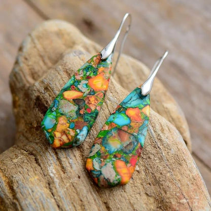 Boho Natural Imperial Jasper Teardrop Dangle Earrings for Women – Hypoallergenic French Hook Stone Drop Earrings Jewelry - color: Colorful Silvery Hook
