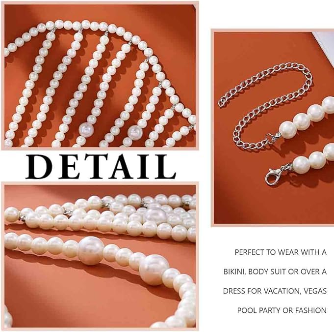 Pearl Body Chain Shoulder Necklace Pearl Top Bikini Pearls Shoulder Chains Bra Chain Jewelry for Women Rave Nightclub Party Body Accessories Sexy Bra Chain (9 line)