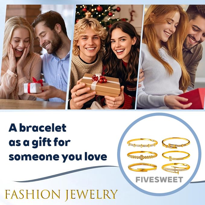 Pack of 6 - Gold Bracelet Bangles Bulk Set for Women,Trendy Stackable, Zinc Alloy Rivet & Four-Leaf Clover Design Stackable Bangles with Rhinestones, 7-inch Circumference Fits Most Adults, Jewelry Gift for Her, Girlfriend, Wife, Mom, Sister, Lover on Birt
