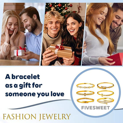 Pack of 6 - Gold Bracelet Bangles Bulk Set for Women,Trendy Stackable, Zinc Alloy Rivet & Four-Leaf Clover Design Stackable Bangles with Rhinestones, 7-inch Circumference Fits Most Adults, Jewelry Gift for Her, Girlfriend, Wife, Mom, Sister, Lover on Birt