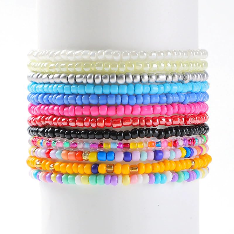 8-20Pcs Colorful Bohemia Seed Beaded Bracelets Handmade Adjustable Stackable Rainbow Beads Stretch Bracelets Anklet Multilayer Vacation Elastic Bangle for Women Summer Beach Boho Jewelry Gift - style: 12pcsC