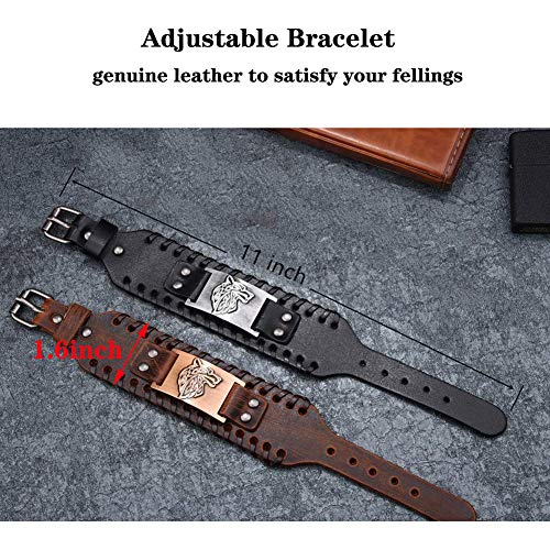 GelConnie Viking Bracelet Punk Leather Cuff Bracelet Gothic Leather Wristband Bracelet with Nordic Amulet Scandinavian Talisman Celtic Pagan Jewelry - color: Black Wolf