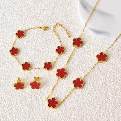 14K Gold-Filled Clover Necklace For Women - Classic Five-Leaf Flower Set Bracelet Necklace Earrings Jewelry Set, Five Leaf Clover Necklaces Dainty Lucky Clover Jewelry - color: Red - Clover Necklace