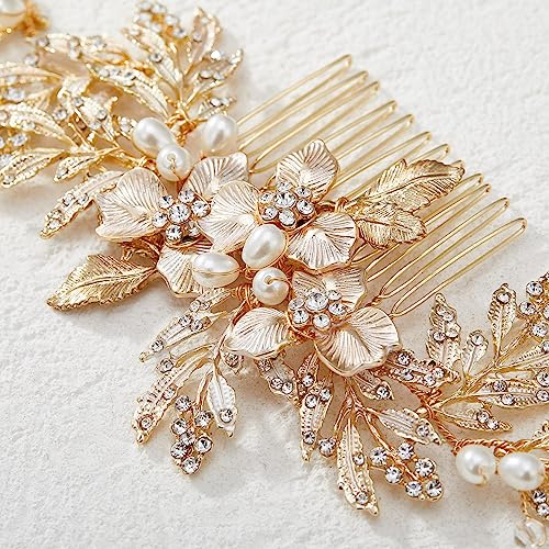 SWEETV Handmade Wedding Hair Comb Clip Rhinestone Bridal Hair Comb Piece, Gold Hair Accessories for Brides Wedding - color: 1.Gold