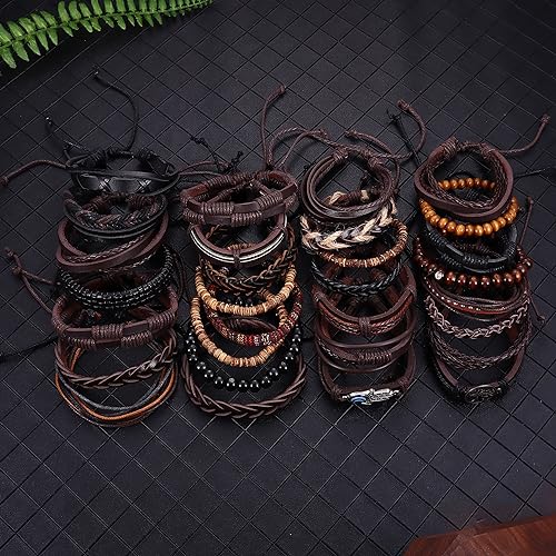 30PCS Braided Leather Bracelets for Men Women Wrap Wood Beads Bracelet Woven Ethnic Tribal Rope Wristbands Bracelets Set Adjustable - style: B:30PCS Style B