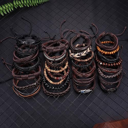 30PCS Braided Leather Bracelets for Men Women Wrap Wood Beads Bracelet Woven Ethnic Tribal Rope Wristbands Bracelets Set Adjustable - style: B:30PCS Style B