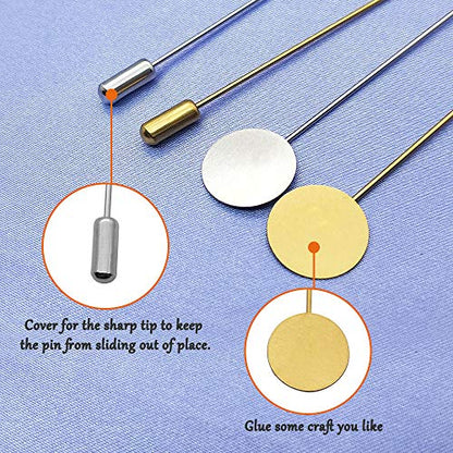 60Pcs Flat Round Tray Lapel Pin,Stainless Steel Safety Pins Stick Pins Brooch Pin Needle Suit Tie Hat pin Scarf Badge for DIY Costume Jewelry Making Accessories - color: Gold, Silver