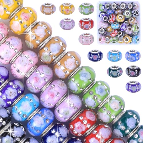 AIPRIDY Lucky Amber Beads and Spacers European Craft Beads with Rhinestones for DIY Charms Bracelet Jewelry Making (Rainbow Rose Floral, 50 PCS) - color: Rainbow Rose Floral, size: 50 PCS