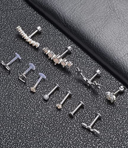 Tornito 9-30Pcs Cartilage CZ Stud Earrings Conch Forward Helix Tragus Daith Piercing Lip Rings Snake Heart Butterfly Jewelry for Women Men 16G Silver Gold Tone - color: F:Silver Tone