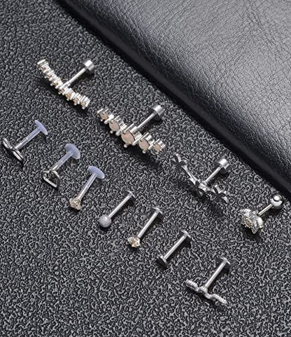 Tornito 9-30Pcs Cartilage CZ Stud Earrings Conch Forward Helix Tragus Daith Piercing Lip Rings Snake Heart Butterfly Jewelry for Women Men 16G Silver Gold Tone - color: F:Silver Tone