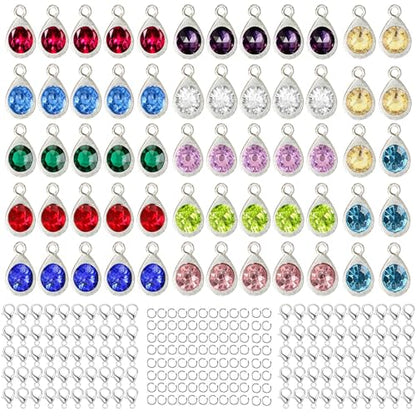 BetterJonny 260pcs Charms for Jewelry Making, 60pcs Gold Crystal Birthstone Charms Beads with 100 Lobster Clasps and 100 Jump Ring for Necklace Bracelet Earring - color: Silver Droplet