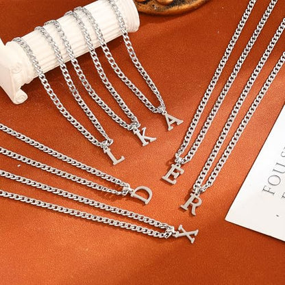 Silver Initial Necklace for Men Letter Pendant Cuban Link Chain | Stainless Steel 4mm 20 Inch Chain Non Tarnish Silver Plated A-Z Capital Name Charm Custom Personalized Jewelry Gift for Man - style: Silver:K