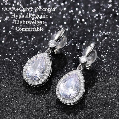 THUNARAZ Clip on Dangle Earrings for Women, Rhinestone Wedding Prom Jewelry | Clip Earrings Non-Pierced, Teardrop Dangle Earrings, Crystal Drop Earrings, Elegant Rhinestone Jewelry for Bride Bridesmaid - color: Silver Tone/Clear Stone